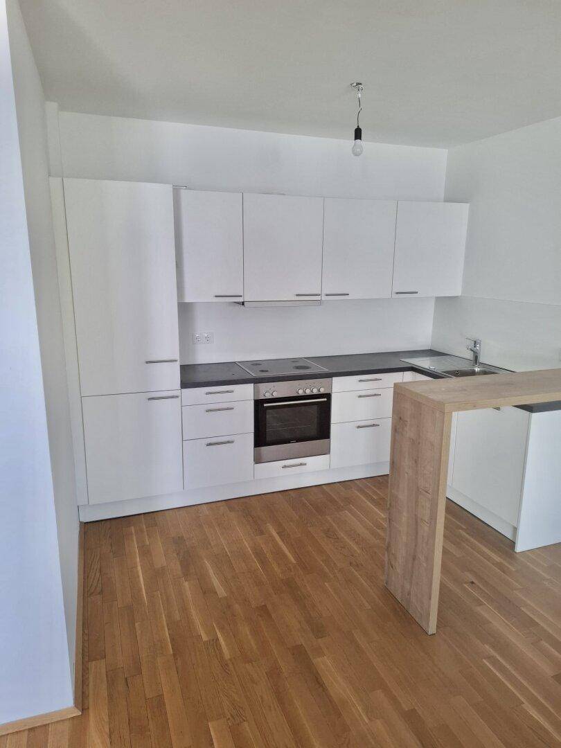 Moderne Einbauküche in Weiß mit dunkler Arbeitsplatte, integriertem Backofen und Holzboden.
