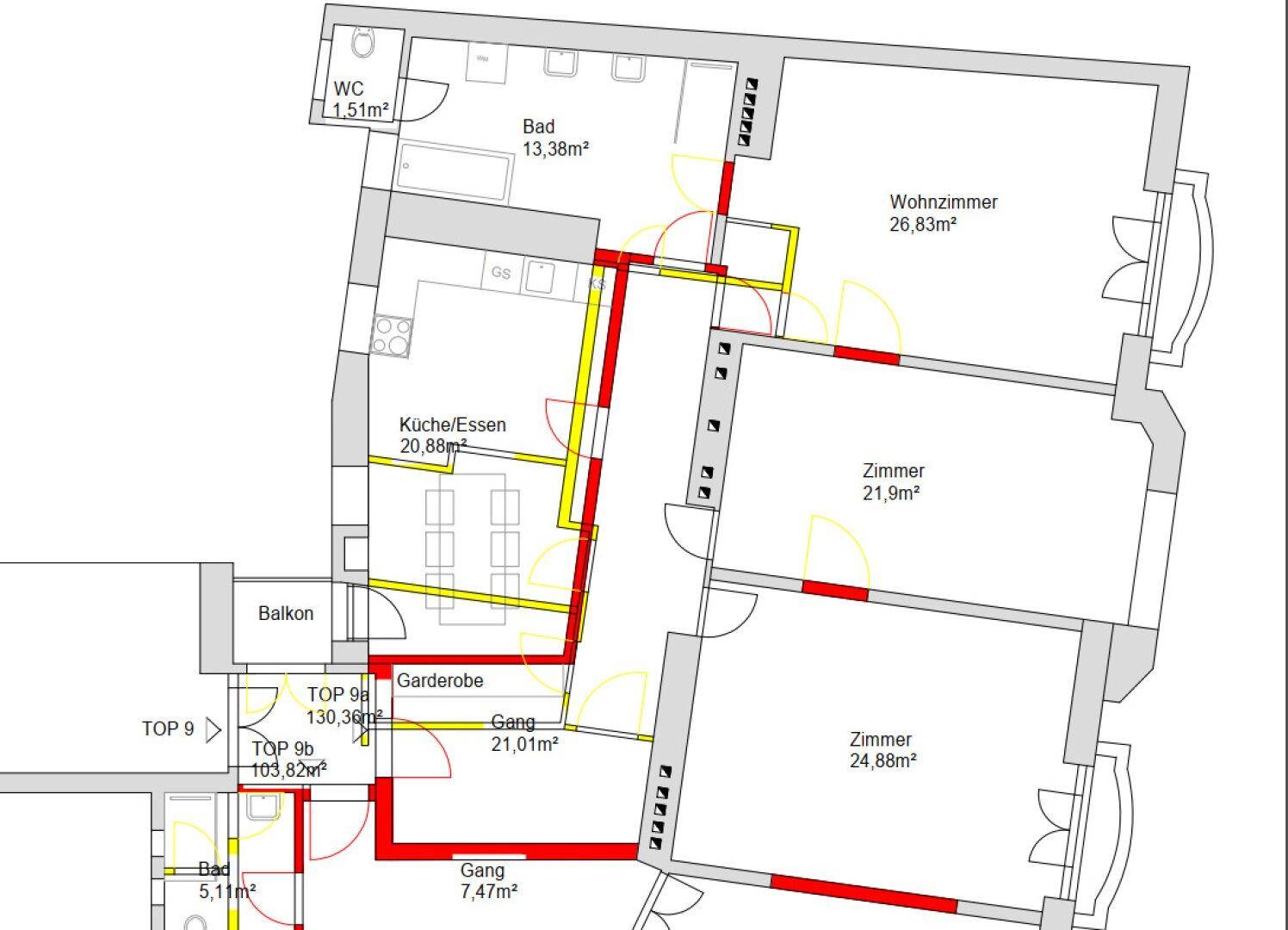 Detaillierter Grundriss einer Wohnung mit mehreren Zimmern, Balkon und separatem WC.