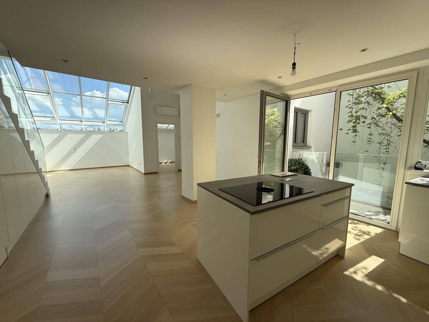 Moderne Küche mit Kochinsel und Induktionskochfeld, offenem Grundriss und Zugang zu einem sonnigen Außenbereich.