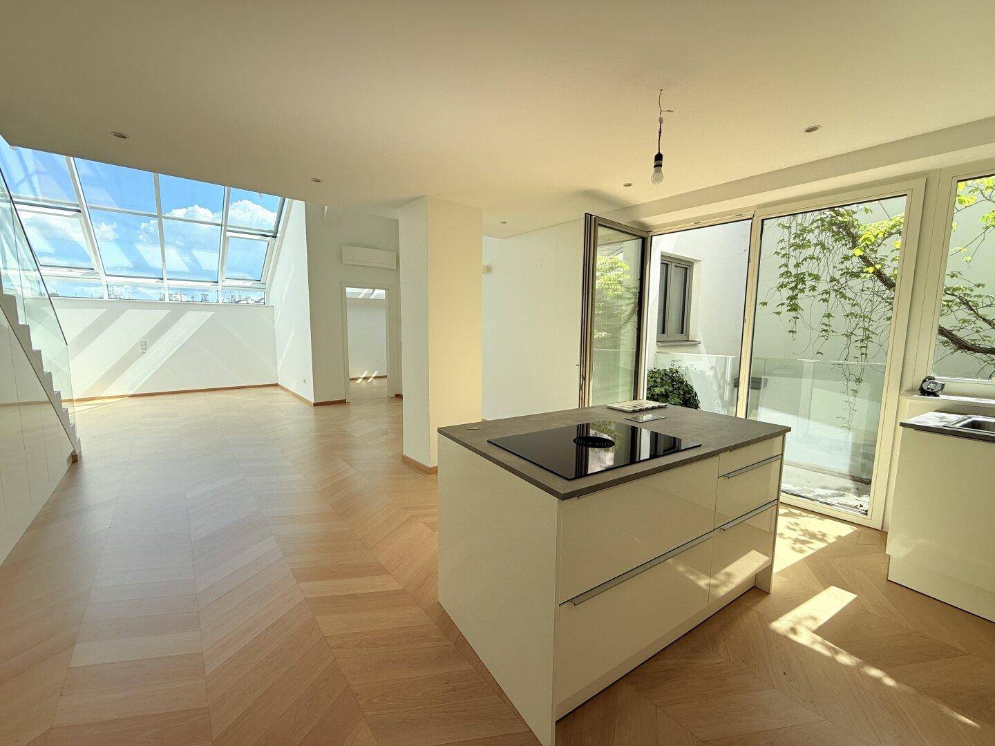 Moderne Küche mit Kochinsel und Induktionskochfeld, offenem Grundriss und Zugang zu einem sonnigen Außenbereich.