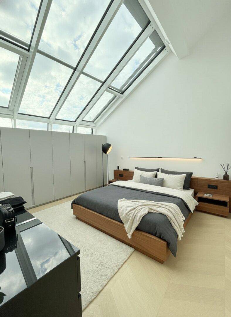 Helles Schlafzimmer mit großen Dachfenstern, Holzboden und integrierten Kleiderschränken.
