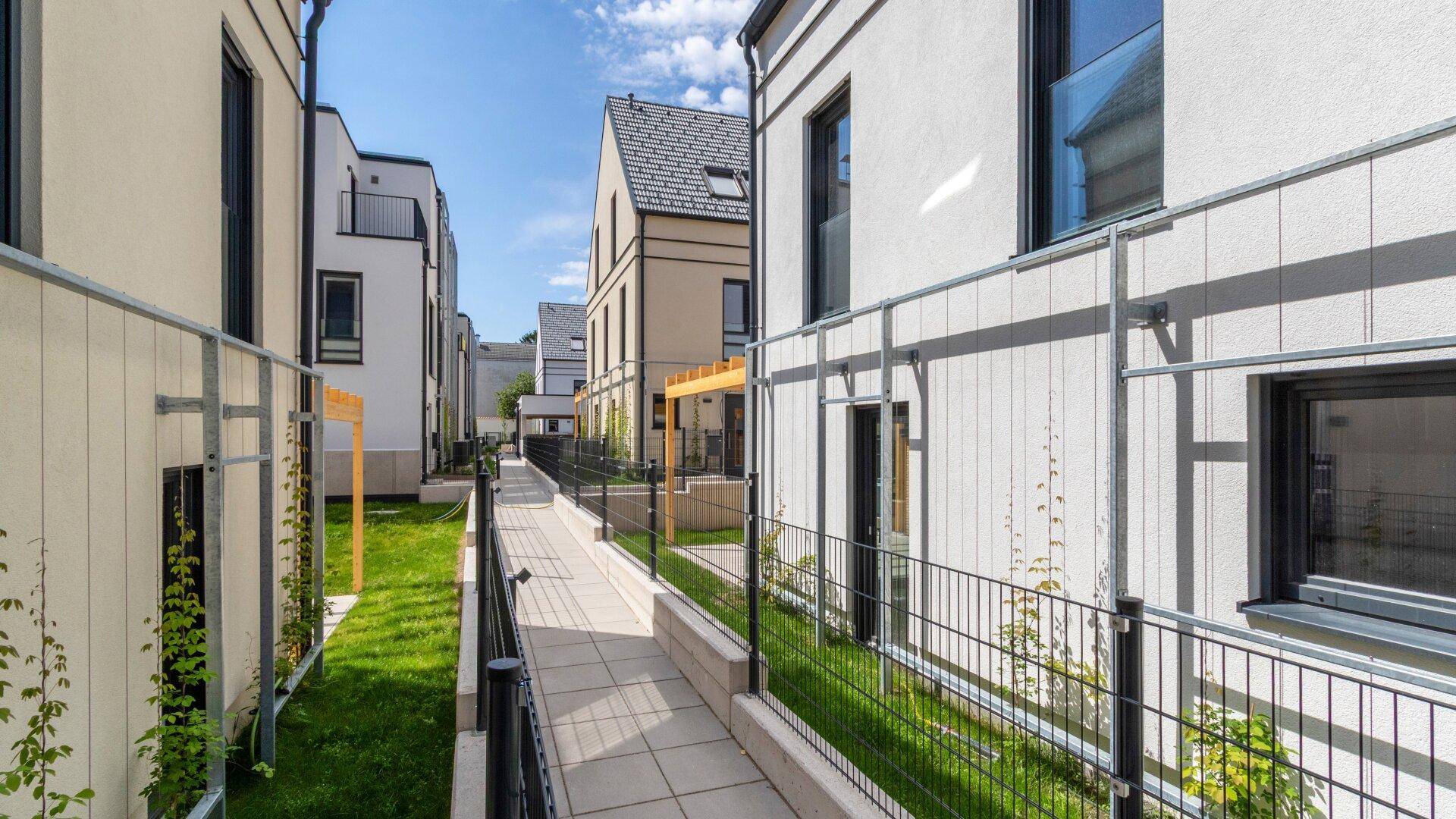 Gepflasterter Weg zwischen modernen Gebäuden mit begrünten Flächen und Rankpflanzen an den Wänden.
