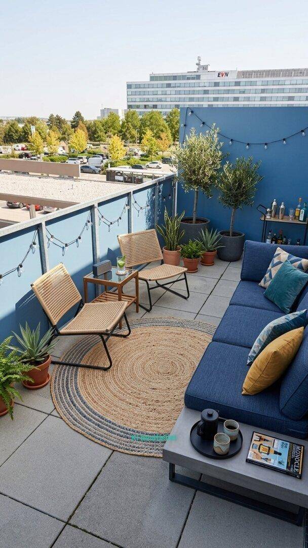 Gemütliche Dachterrasse mit blauer Wand, bequemen Sitzmöbeln und Pflanzen für entspannte Stunden.
