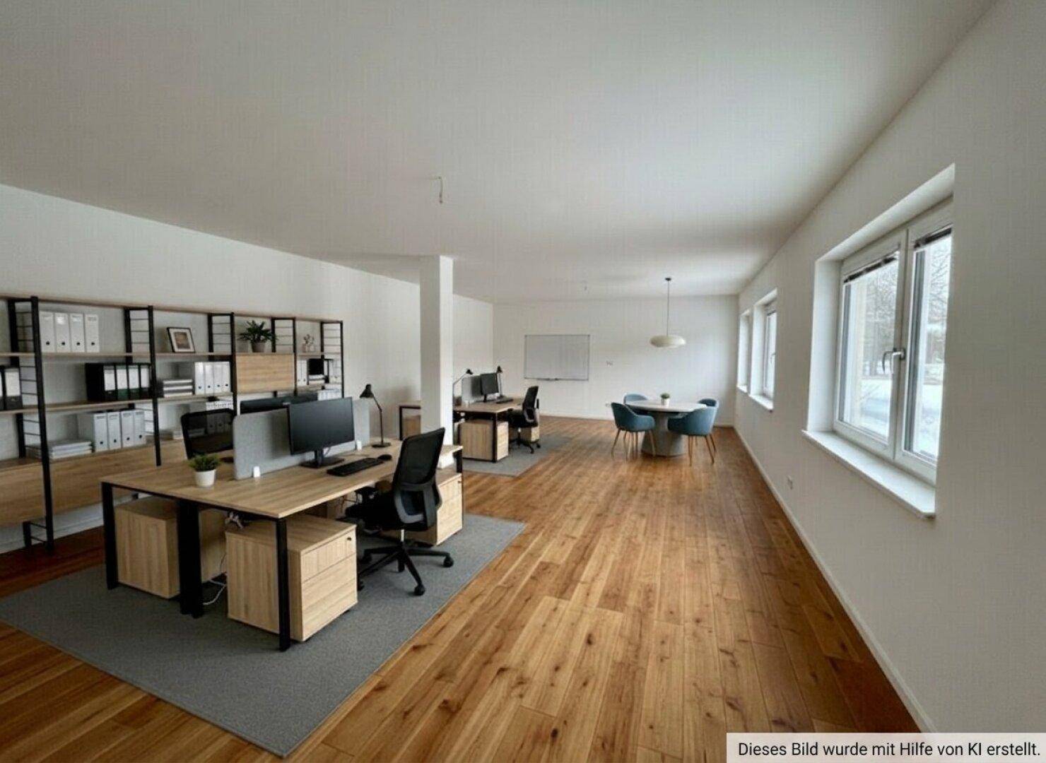 Großzügiger Büroraum mit mehreren Arbeitsplätzen, Holzfußboden und viel Tageslicht.