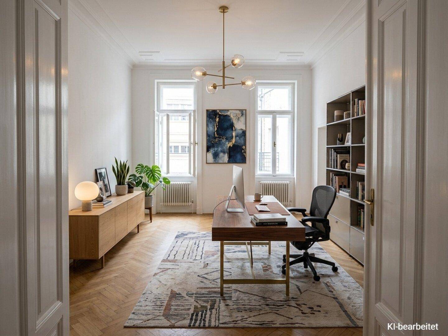 Stilvolles Büro mit großem Schreibtisch, Bücherregal und hellem Fischgrätparkettboden.