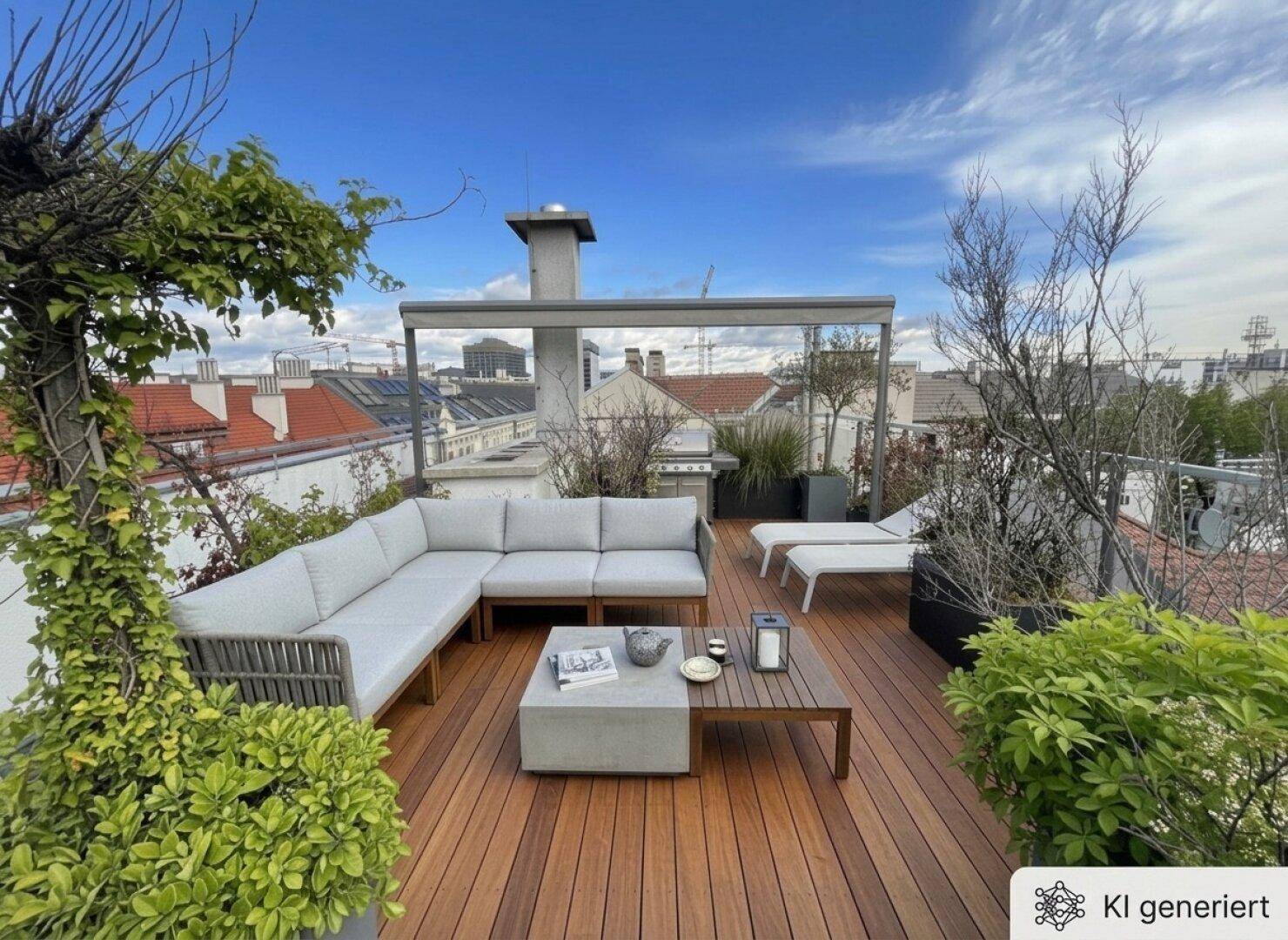 Geräumige Dachterrasse mit bequemen Loungemöbeln, Grillbereich und weitem Blick über die Stadt.