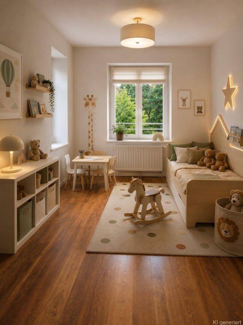 Helles Kinderzimmer mit Holzboden, Spielzeug und einem Fenster mit Blick ins Grüne.