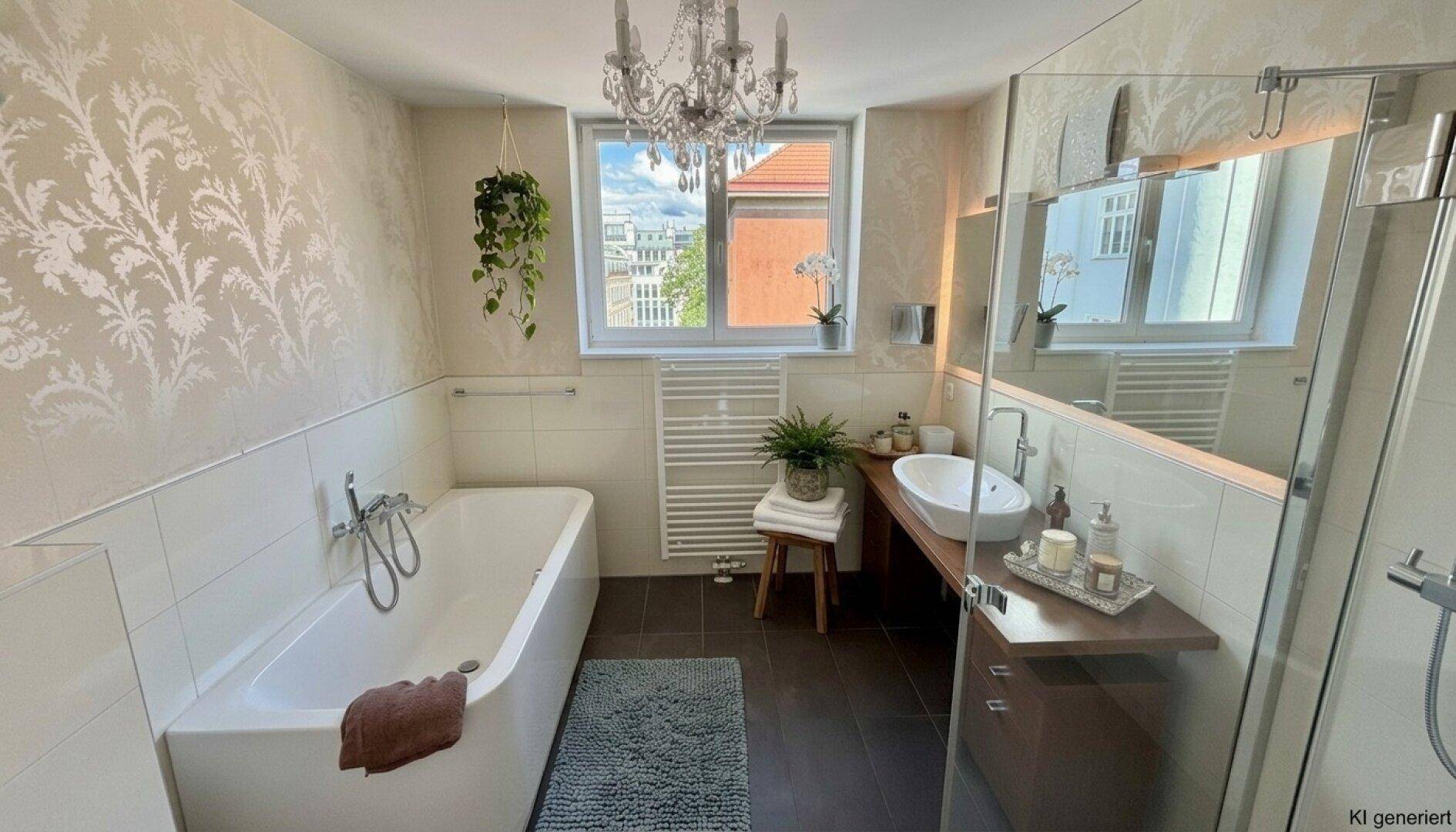 Modernes Badezimmer mit Badewanne, Dusche, Einzelwaschbecken und Fenster für natürliche Belüftung.