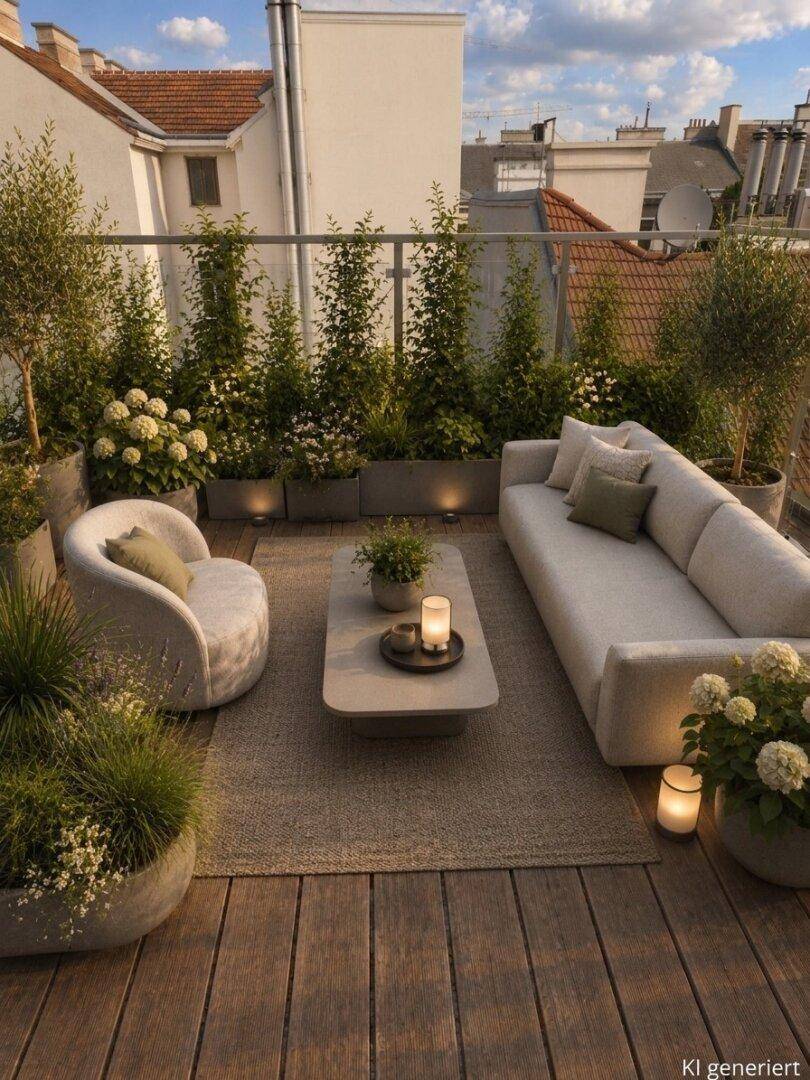 Gemütliche Dachterrasse mit bequemen Loungemöbeln, vielen Pflanzen und Blick auf die umliegenden Gebäude.