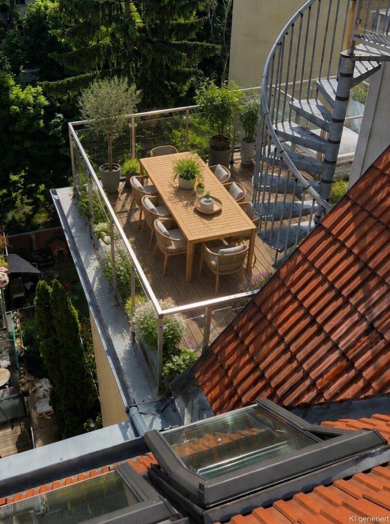 Dachterrasse mit Esstisch, Pflanzen und einer Wendeltreppe, die zu weiteren Bereichen führt.