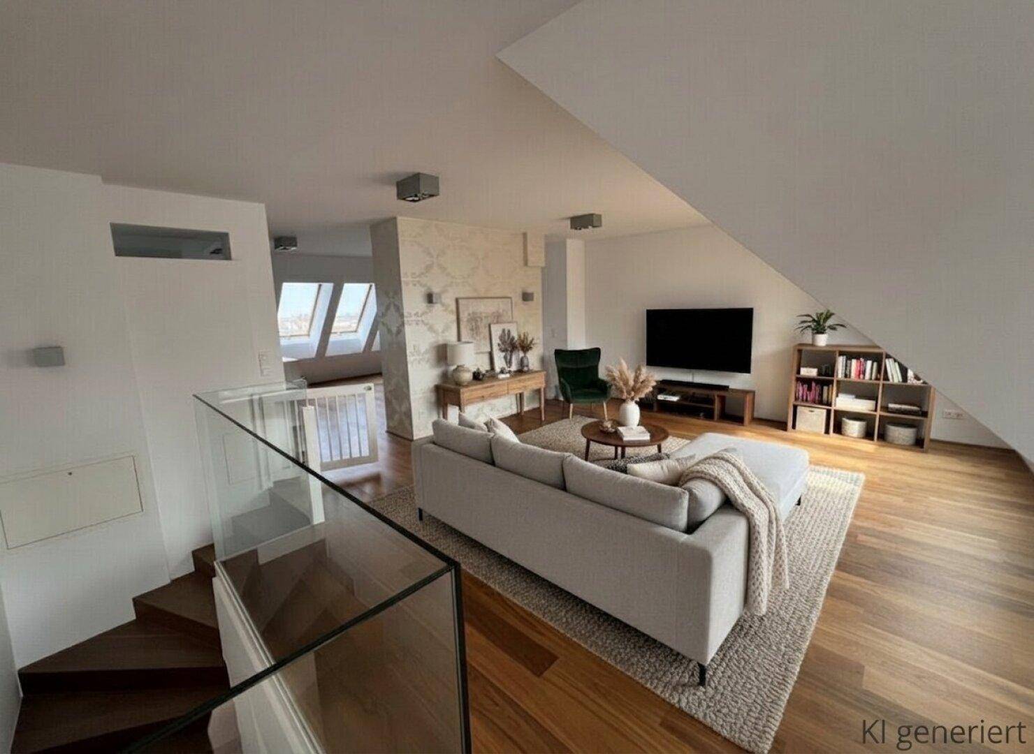 Helles Wohnzimmer im Dachgeschoss mit gemütlichem Sofa, Fernseher und moderner Glasbrüstung.