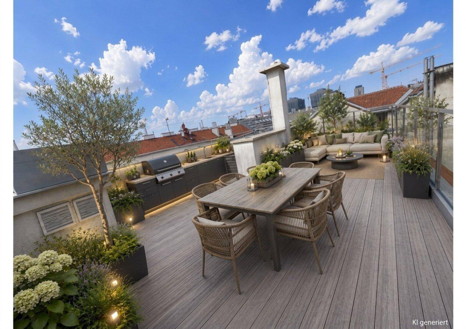 Großzügige Dachterrasse mit Essbereich, Grillstation, Loungemöbeln und weitem Stadtblick.