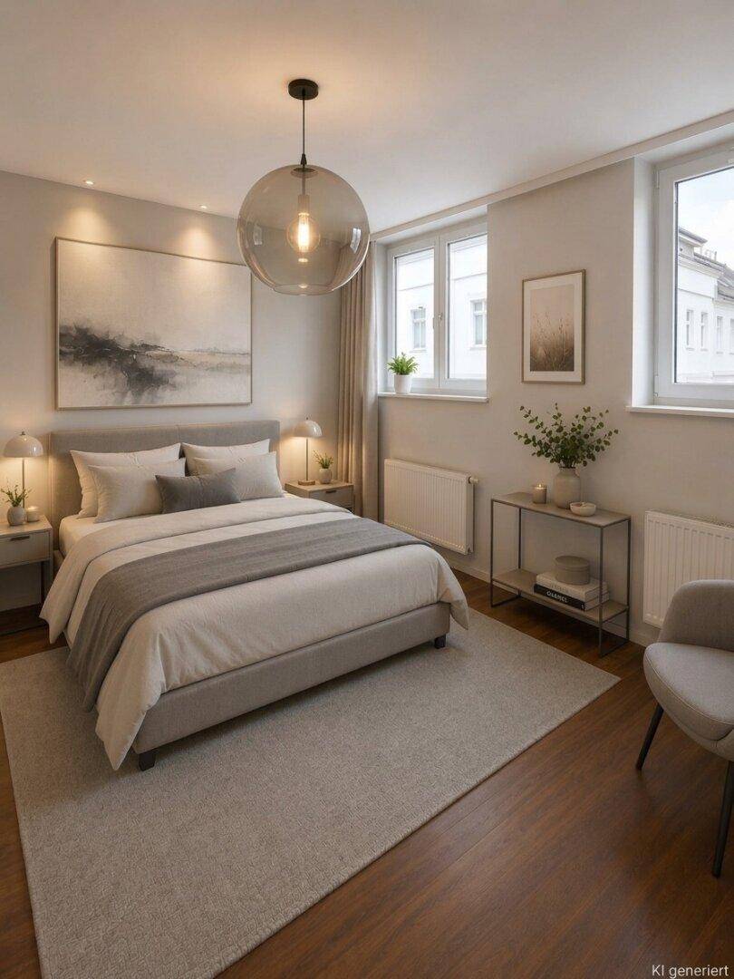 Modernes Schlafzimmer mit Doppelbett, zwei großen Fenstern und stilvoller Dekoration.