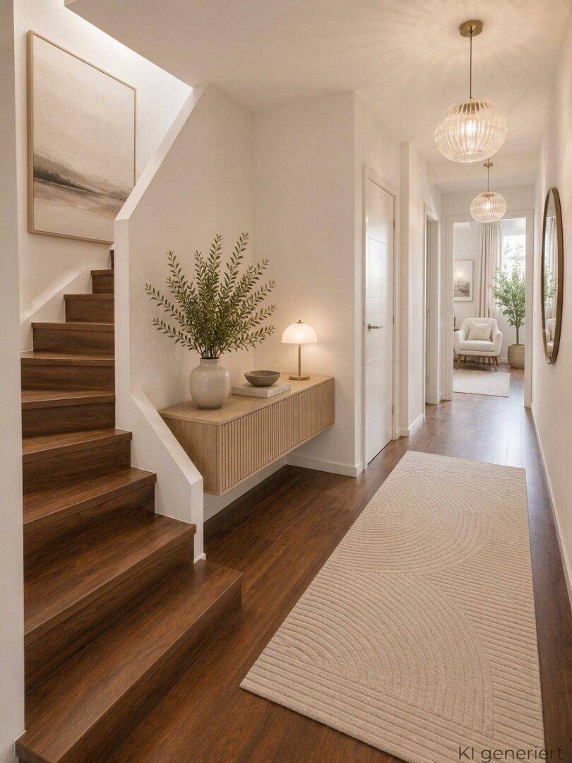 Heller Flur mit eleganter Holztreppe, moderner Konsole und stilvoller Beleuchtung.