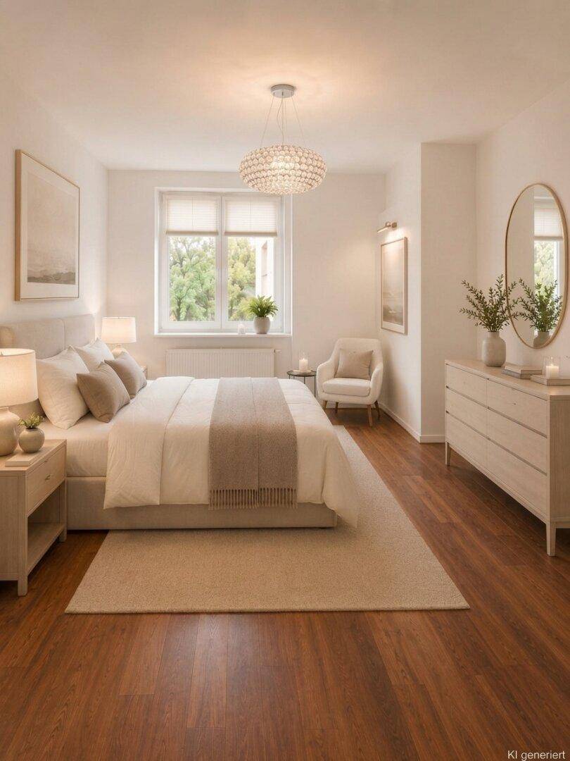 Gemütliches Schlafzimmer mit Doppelbett, Kommode und Fenster mit Blick ins Grüne.