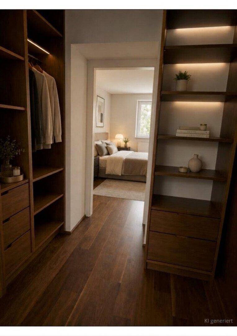 Begehbarer Kleiderschrank mit integrierten Regalen und Schubladen, der zu einem Schlafzimmer führt.