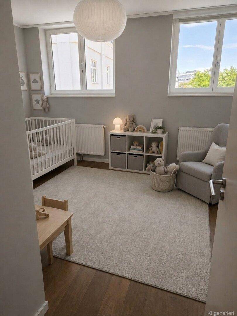 Helles Kinderzimmer mit Babybett, Sessel und zwei großen Fenstern für viel Tageslicht.