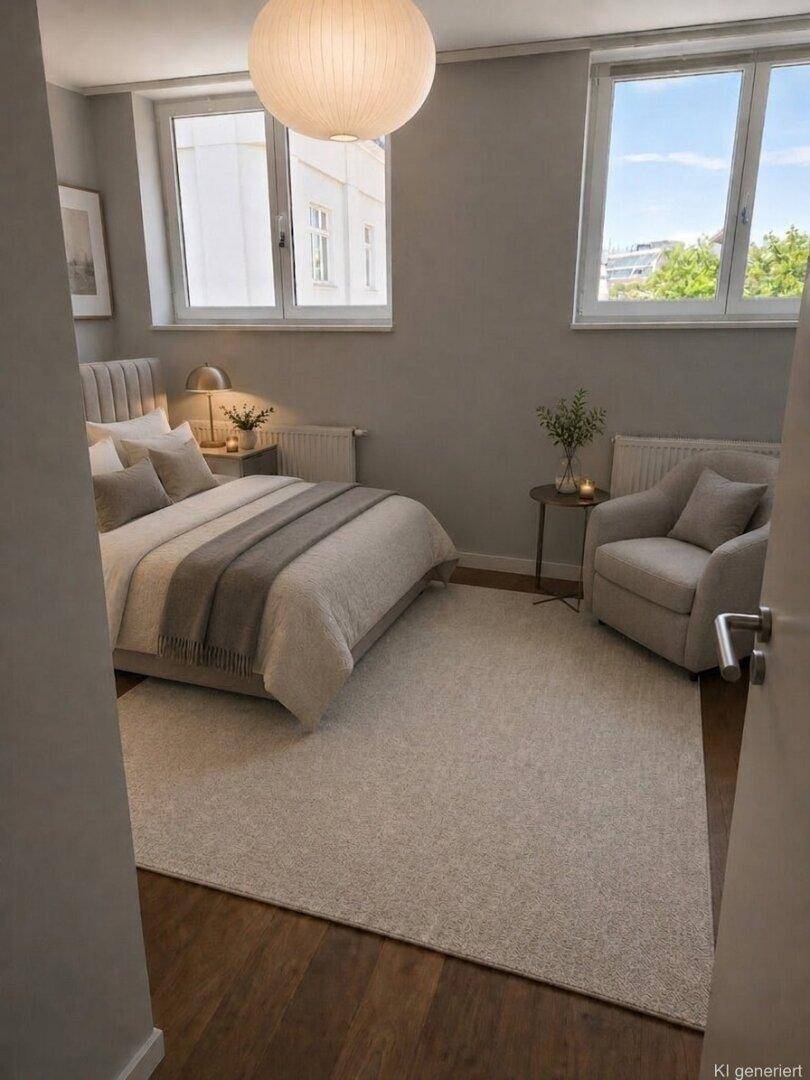 Modernes Schlafzimmer mit Doppelbett, gemütlichem Sessel und zwei großen Fenstern.
