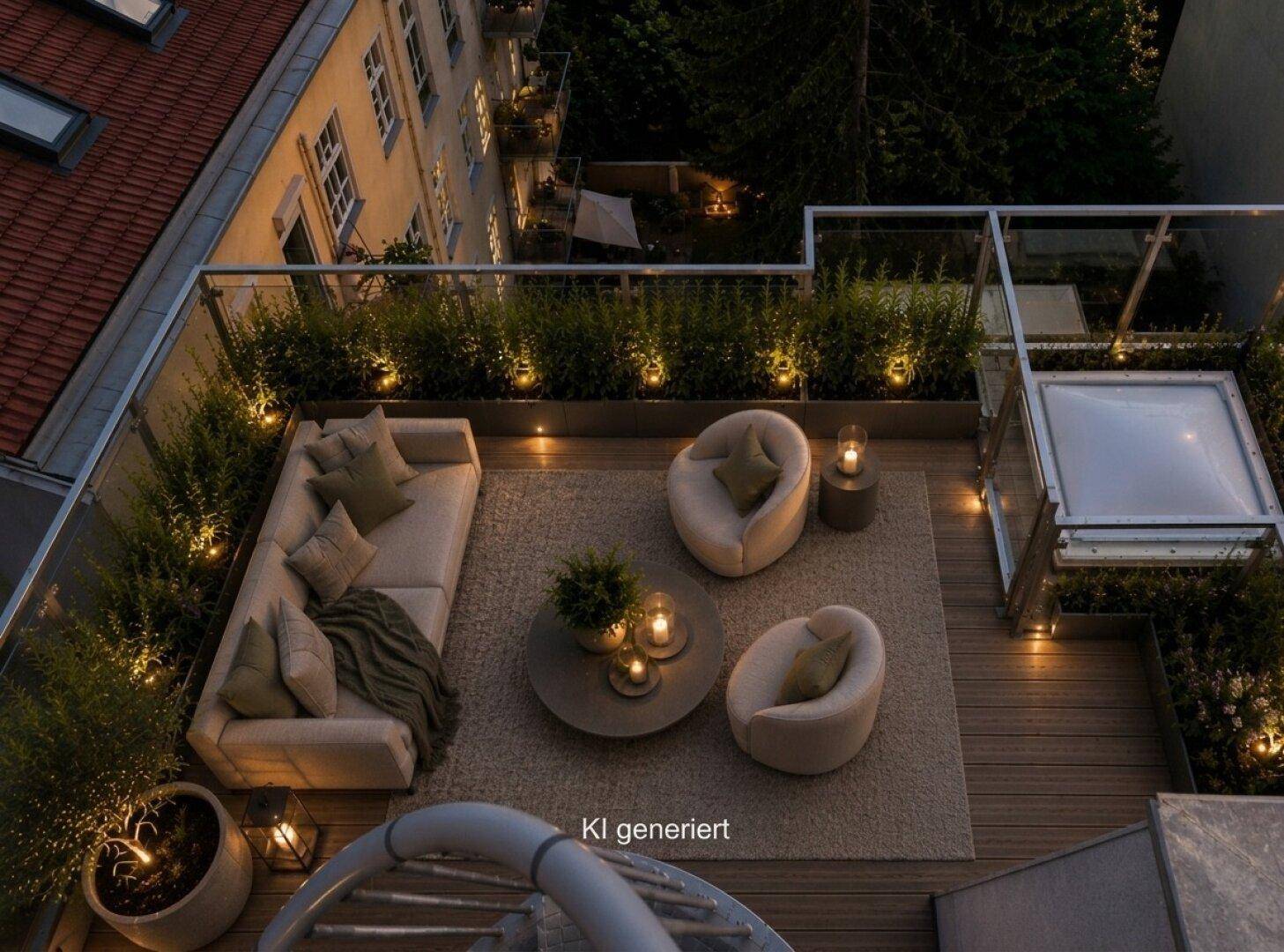 Beleuchtete Dachterrasse am Abend mit Loungemöbeln, Pflanzen und stimmungsvoller Beleuchtung.