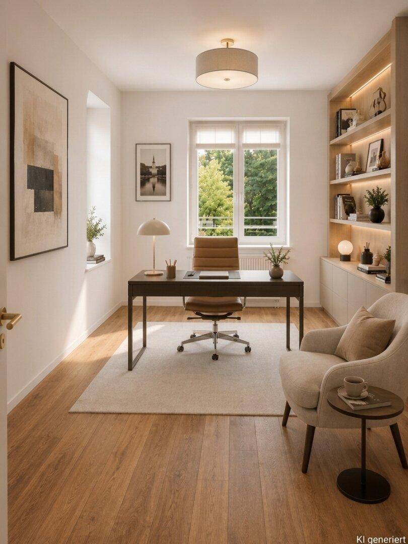 Helles Arbeitszimmer mit Schreibtisch, Bürostuhl, eingebauten Regalen und Blick ins Grüne.
