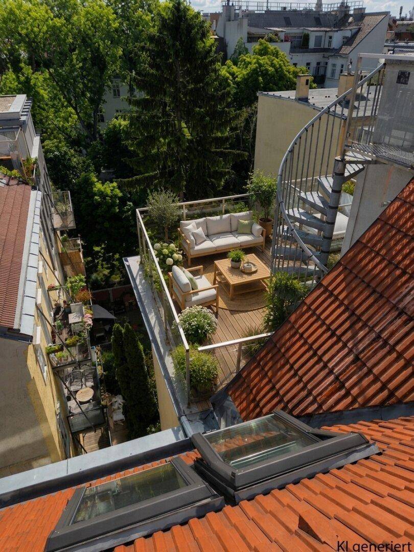 Dachterrasse mit Loungemöbeln, Pflanzen und einer Wendeltreppe, von oben betrachtet.