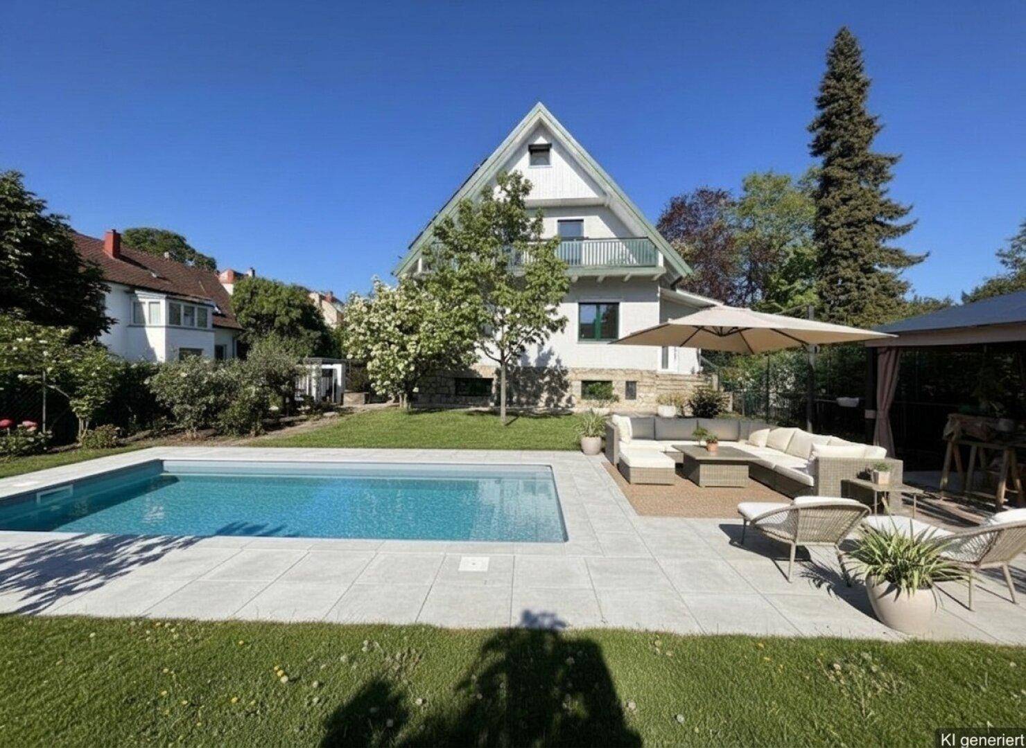 Großer Gartenbereich mit modernem Pool, gepflasterter Terrasse und bequemen Outdoor-Möbeln unter blauem Himmel.