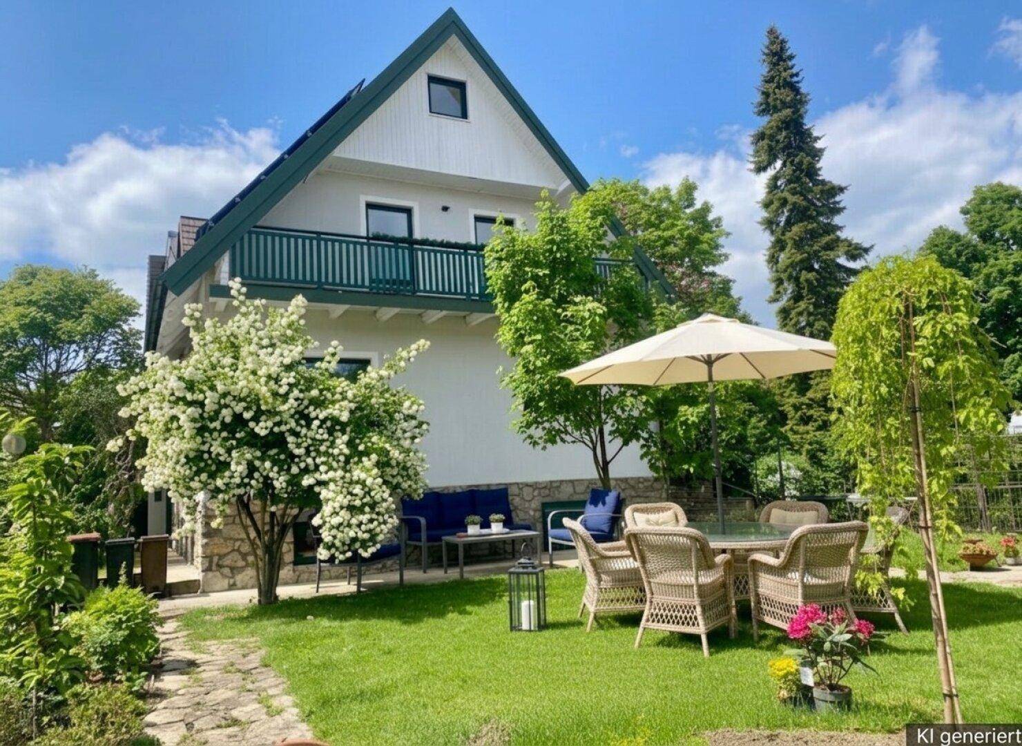 Idyllischer Gartenbereich mit blühenden Bäumen und gemütlicher Sitzgruppe für Mahlzeiten im Freien.