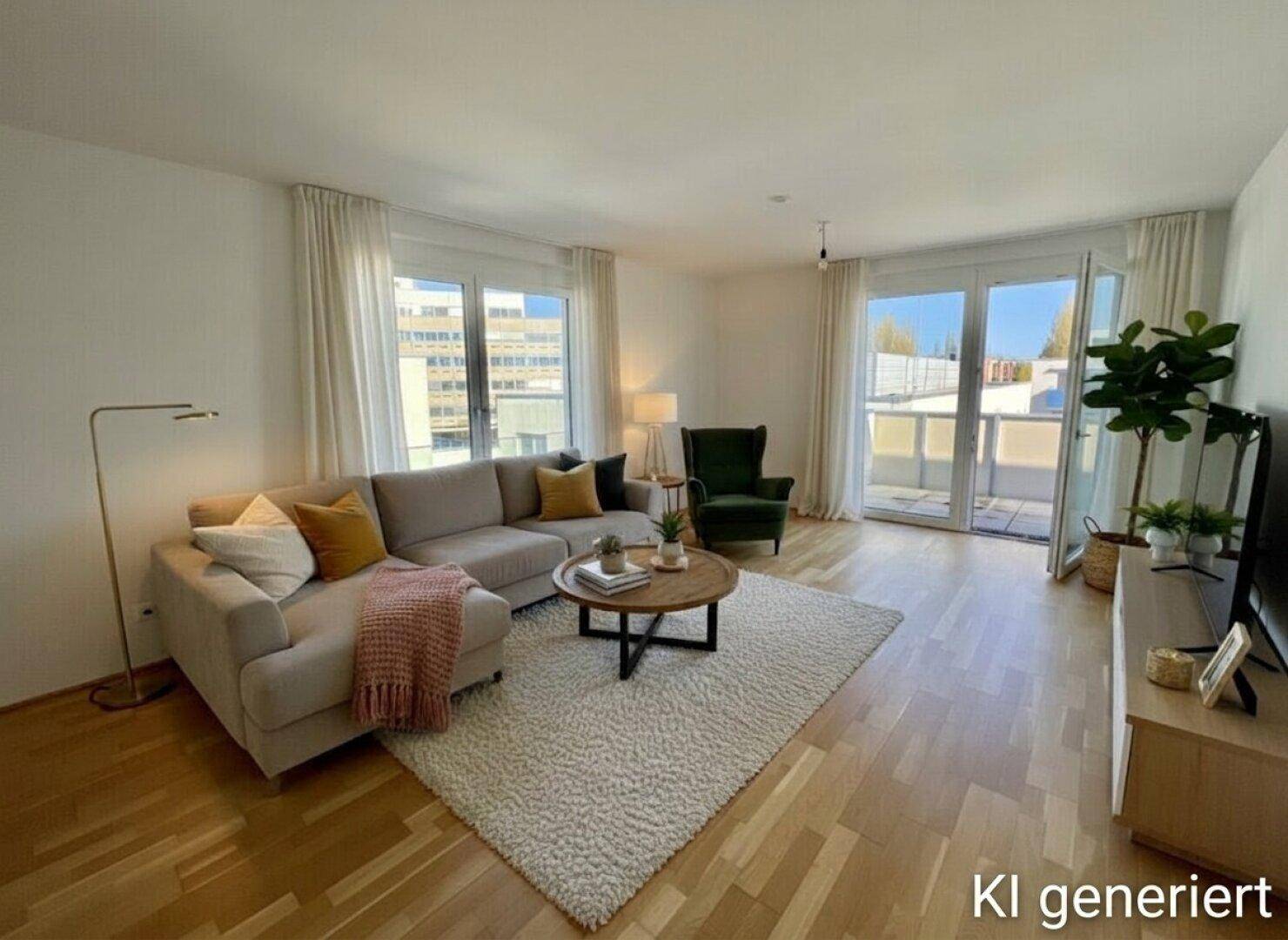 Gemütliches Wohnzimmer mit großem Sofa, Holzboden und Zugang zum Balkon.