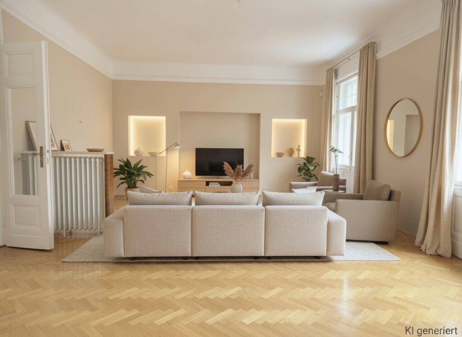 Geräumiges Wohnzimmer mit beigem Sofa, Fischgrätparkett und indirekter Beleuchtung in den Nischen.