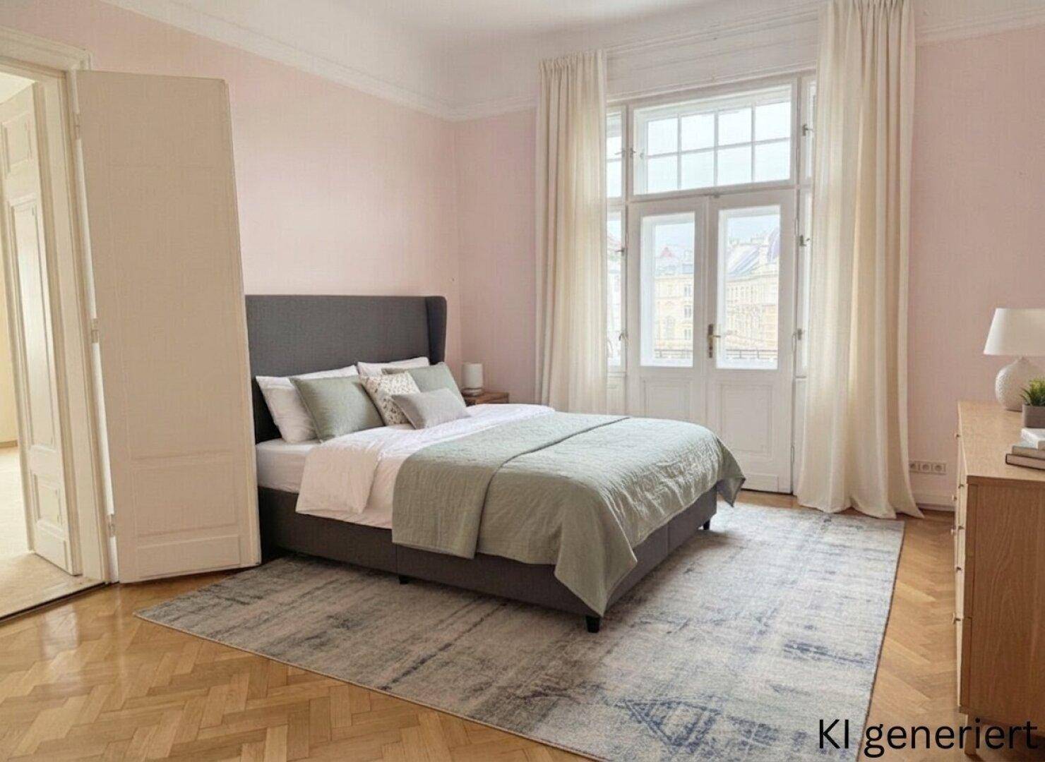 Helles Schlafzimmer mit großem Bett, Fischgrätparkett und hohen Fenstern mit Blick nach draußen.