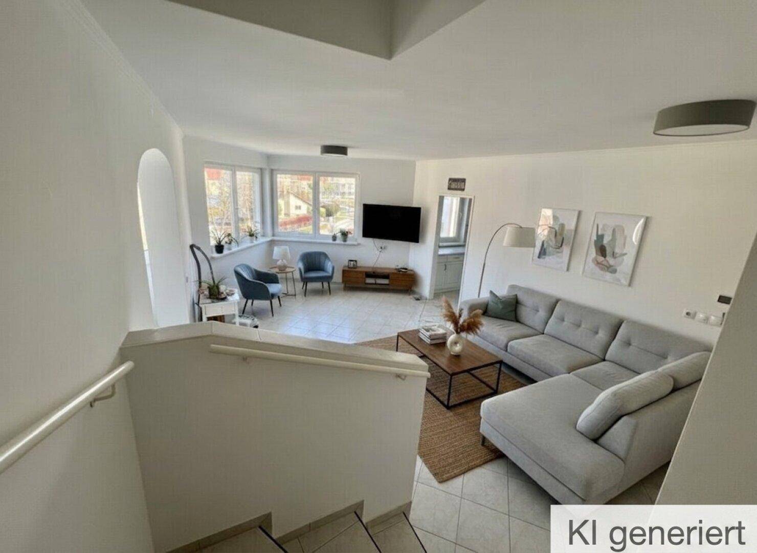 Helles Wohnzimmer mit bequemer Couch, Fernseher und Blick auf die Umgebung, verbunden mit einem Treppenbereich.