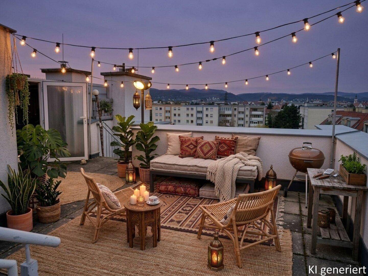 Gemütliche Dachterrasse am Abend mit Lichterketten, bequemen Sitzgelegenheiten und Grillbereich.