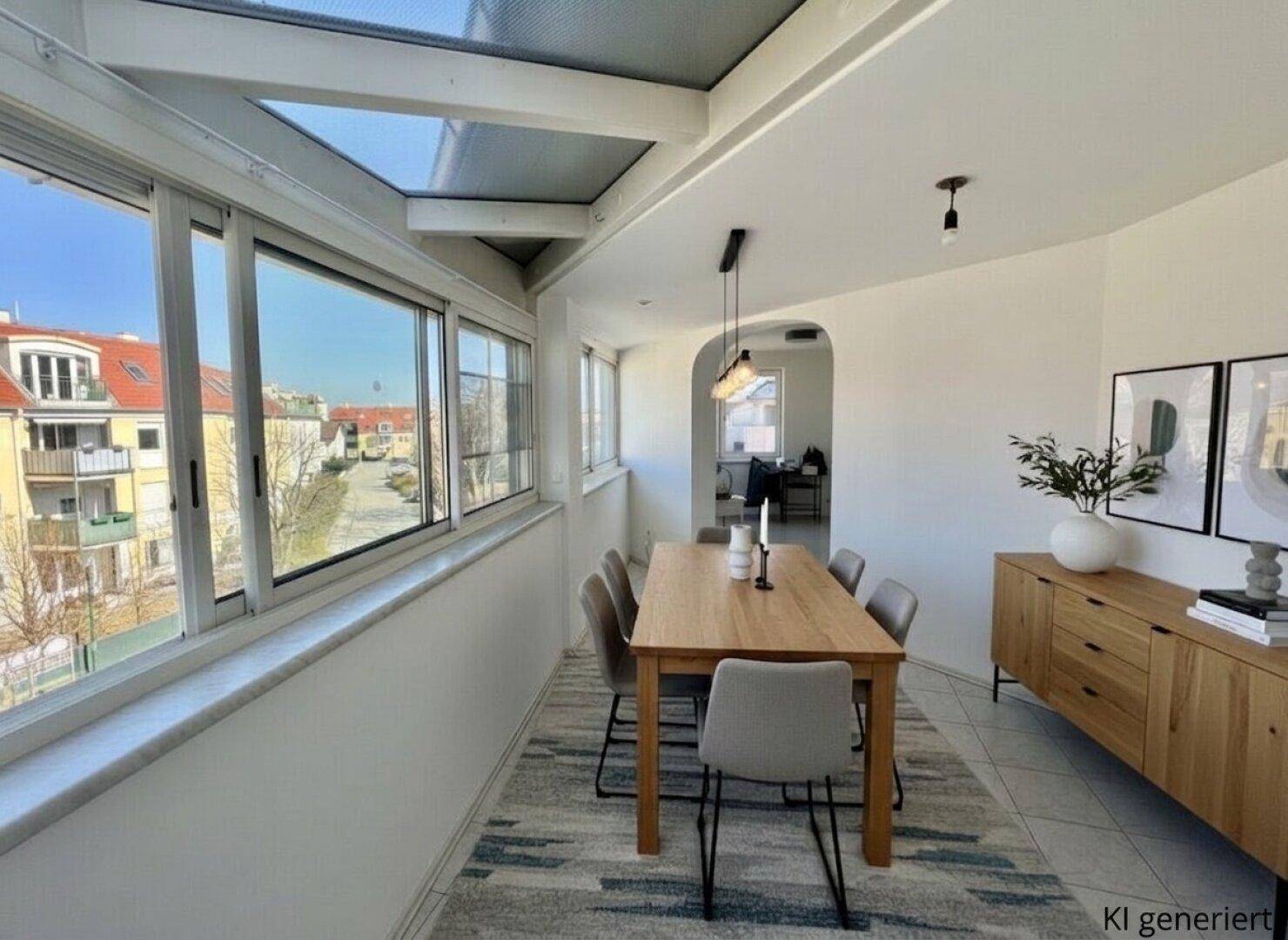 Heller Essbereich mit Holztisch und Stühlen, umgeben von großen Fenstern mit Blick nach draußen.