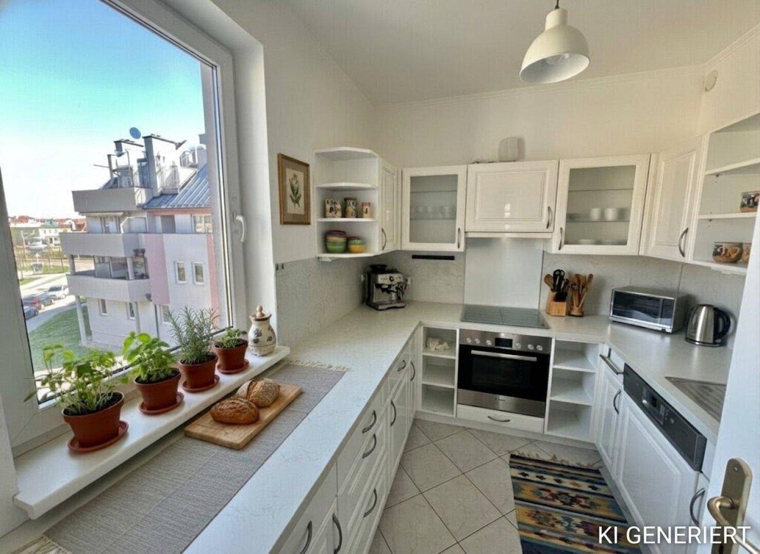 Helle Küche mit weißen Einbauschränken, modernen Geräten und einem großen Fenster mit Stadtblick.