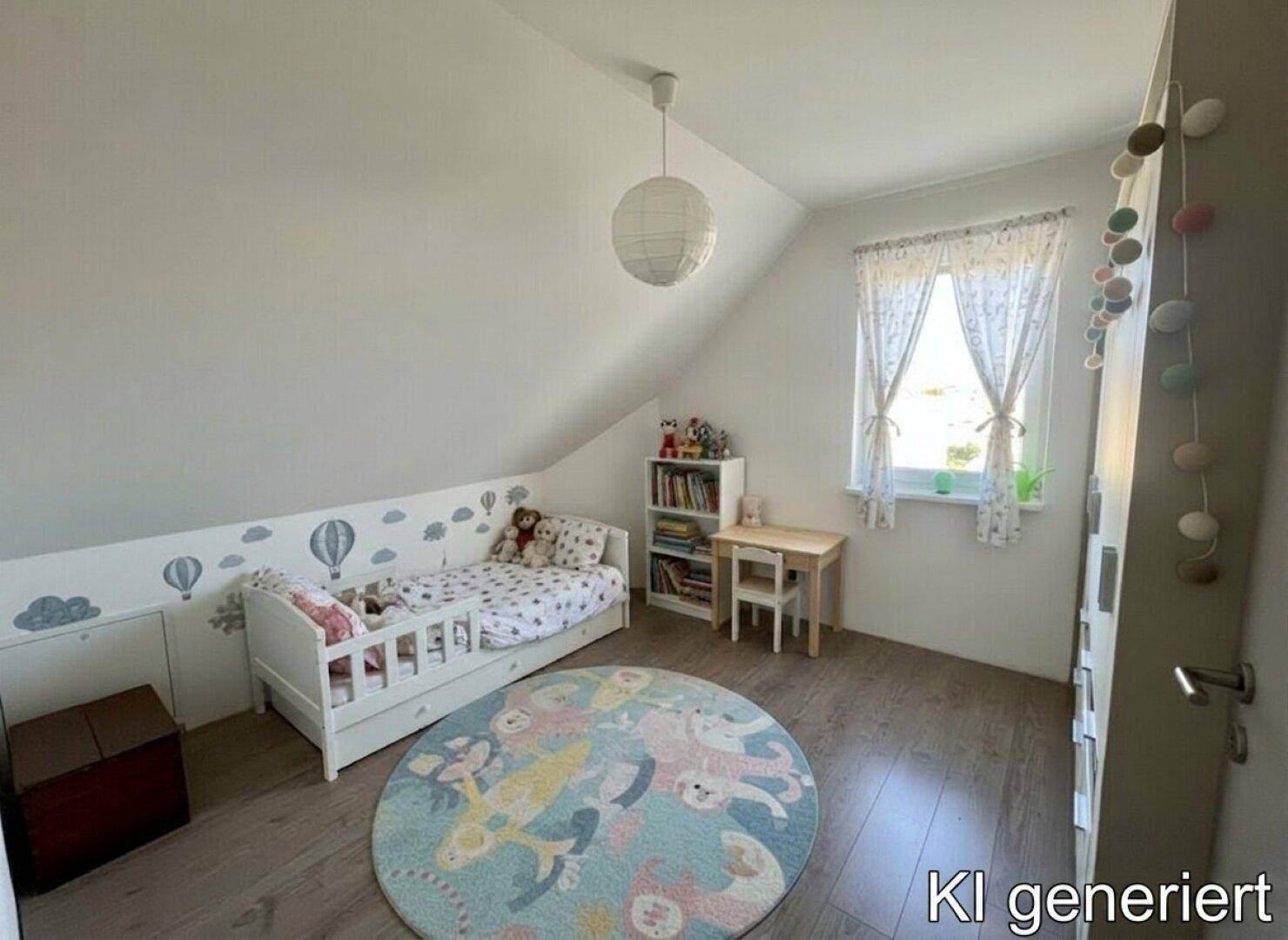Kinderzimmer mit Einzelbett, Spielbereich und Dachschräge, hell und freundlich gestaltet.