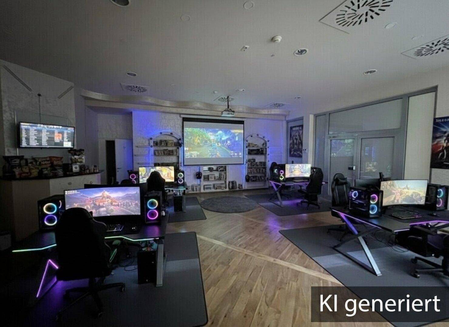 Geräumiger Gaming-Raum mit mehreren modernen Spielstationen, großem Projektorbildschirm und atmosphärischer Beleuchtung.
