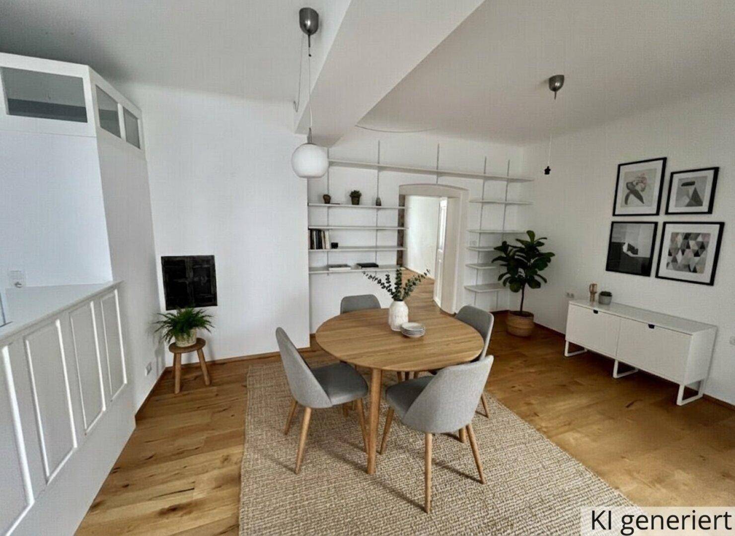 Esstisch mit Stühlen in einem hellen, modern eingerichteten Essbereich mit Holzfußboden.