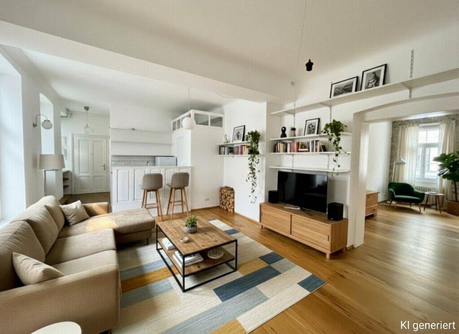 Geräumiger Wohnbereich mit beigem Sofa, Holzboden und offener Gestaltung zur Küche hin.