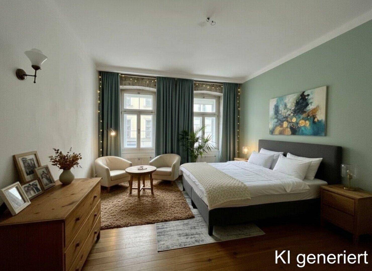 Gemütliches Schlafzimmer mit Doppelbett, Holzfußboden und zwei Fenstern mit Vorhängen.