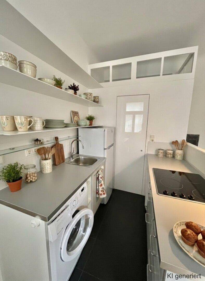 Kleine Küchenzeile mit Spüle, Herd, Kühlschrank und Waschmaschine in kompakter Anordnung.
