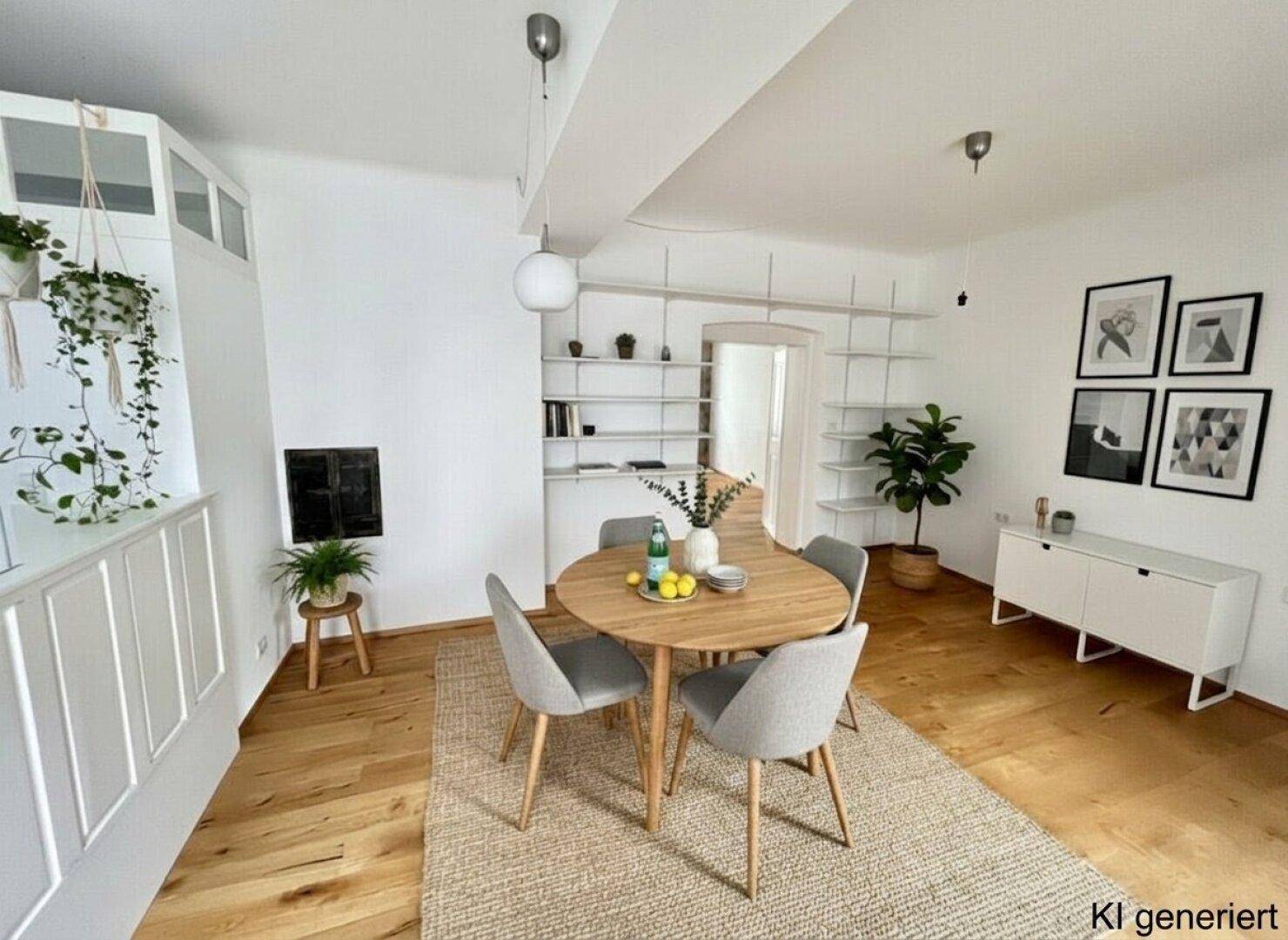 Moderner Essbereich mit rundem Holztisch, Stühlen und Regalen an der Wand.