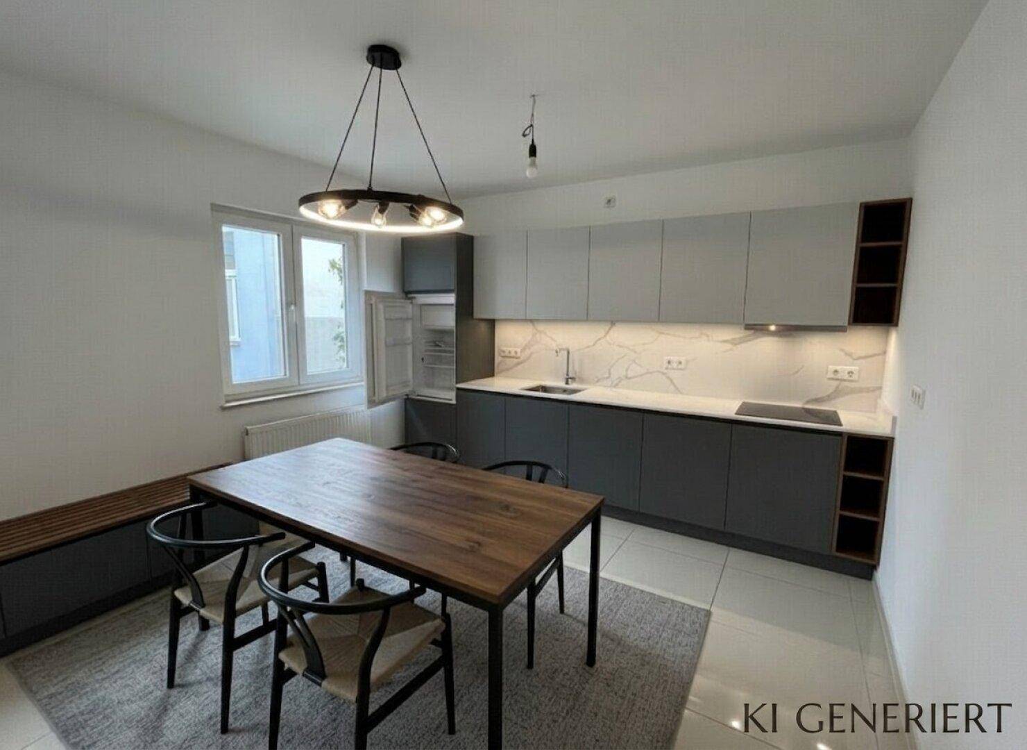 Moderne Küche mit grauen und weißen Schränken, Induktionskochfeld und Essbereich am Fenster.