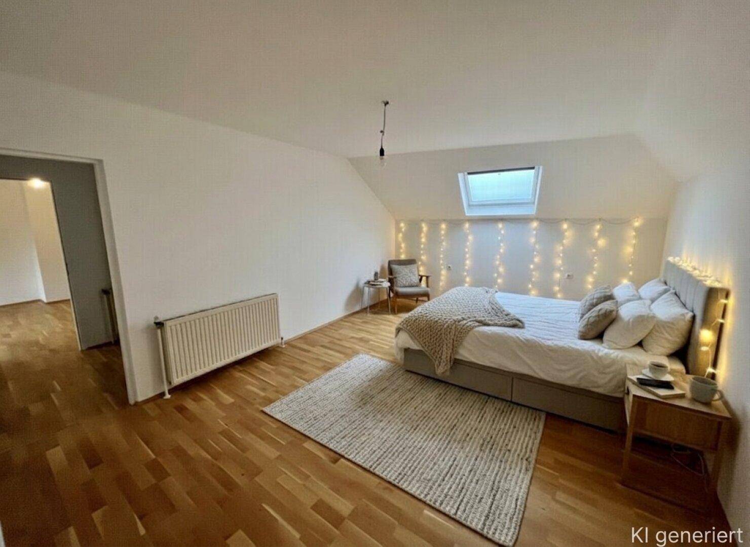 Gemütliches Schlafzimmer im Dachgeschoss mit Holzboden, Dachfenster und stimmungsvoller Lichterkette.