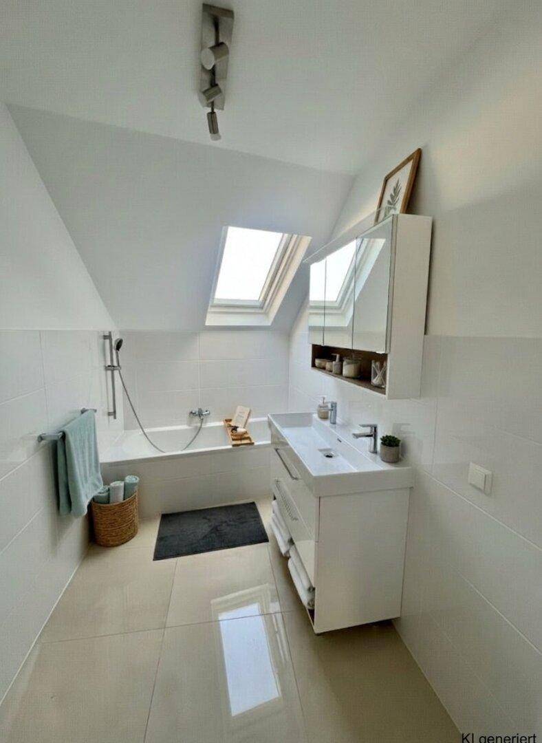 Helles Badezimmer im Dachgeschoss mit Badewanne, modernem Waschtisch und praktischem Dachfenster.