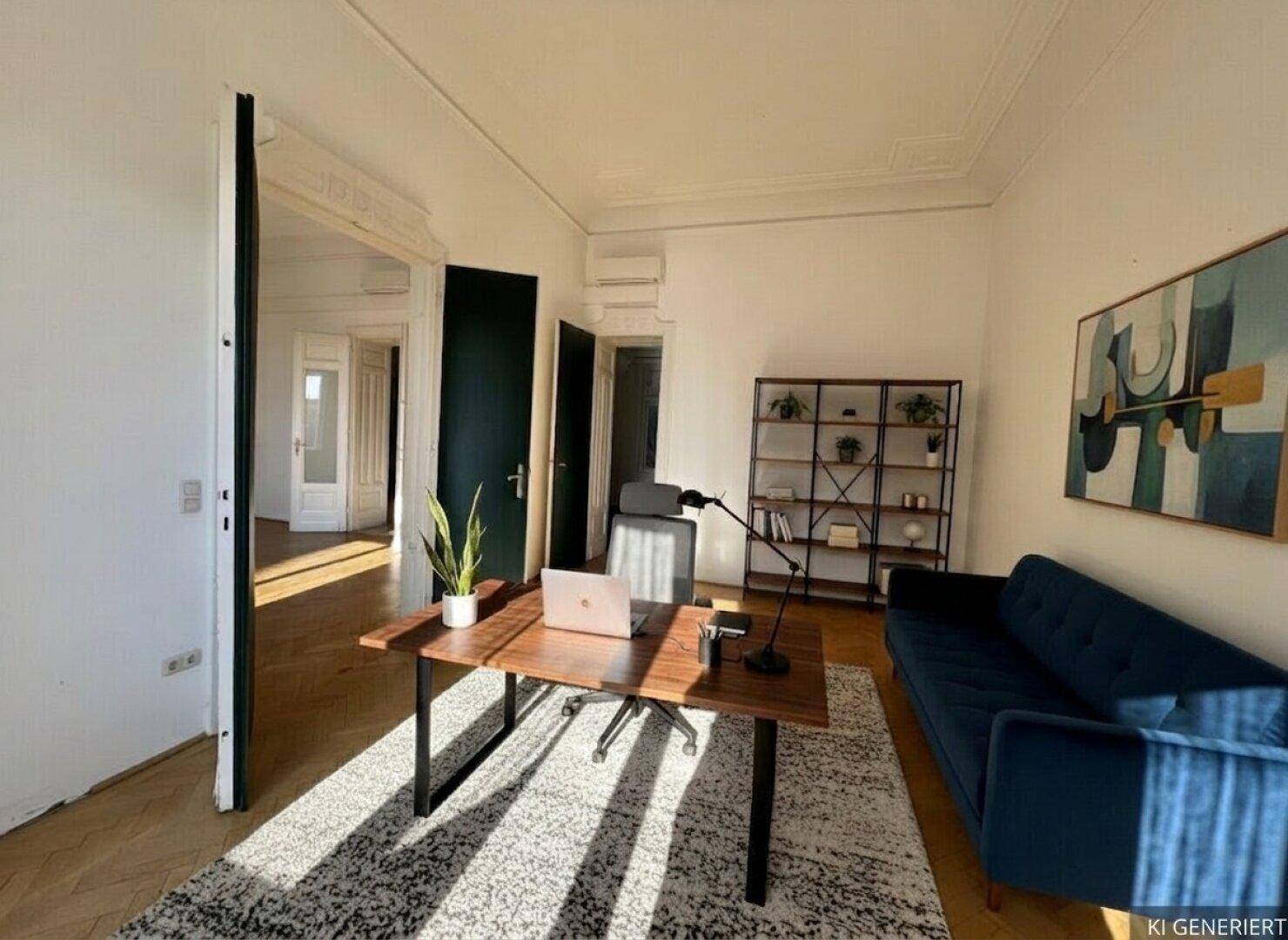 Helles Arbeitszimmer mit Holzboden, modernem Schreibtisch und dekorativer Decke.