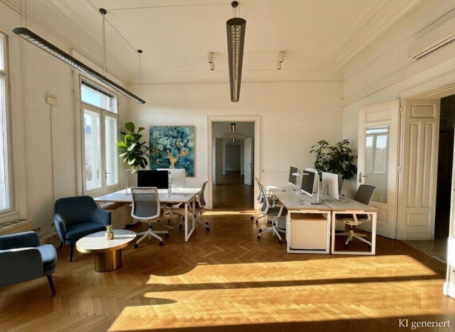 Geräumiges, helles Büro mit mehreren Arbeitsplätzen, hohen Decken und Fischgrätparkett.