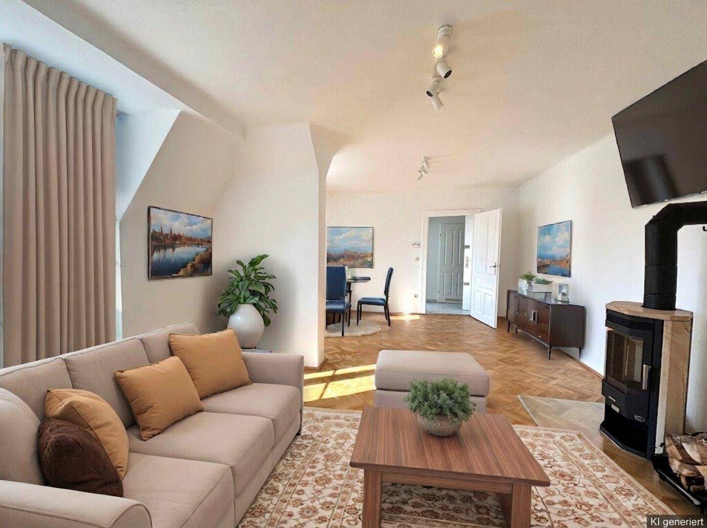 Gemütliches Wohnzimmer mit Sofa, Kaminofen und Parkettboden, offen zum Essbereich.