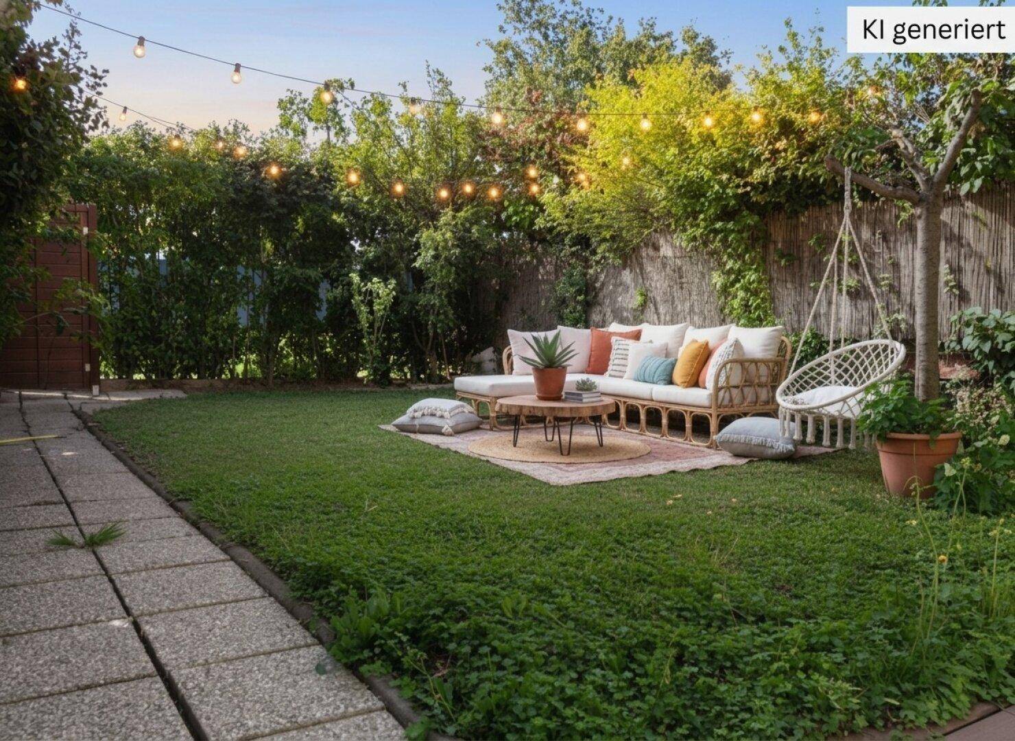 Einladender Gartenbereich mit gemütlicher Rattan-Sitzgruppe, Lichterkette und Schaukelstuhl für entspannte Stunden im Freien.