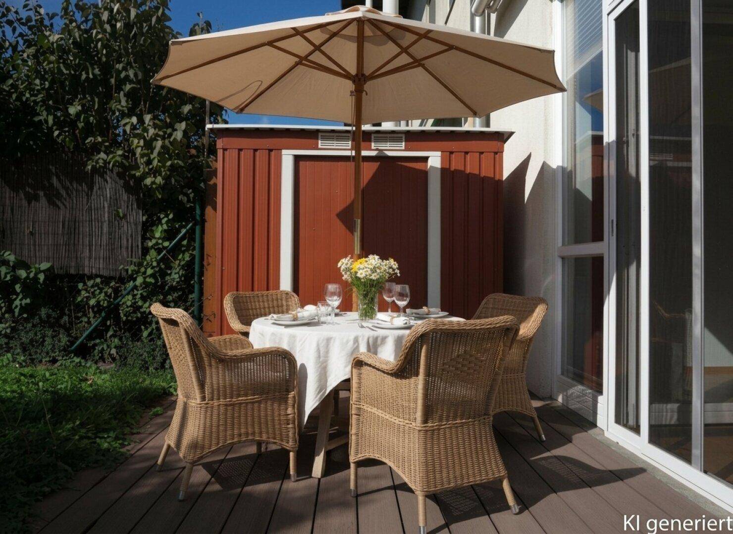 Gemütliche Terrasse mit Esstisch, Korbstühlen und Sonnenschirm, ideal für Mahlzeiten im Freien.