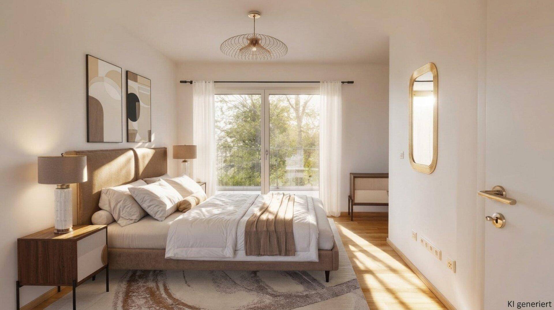 Helles Schlafzimmer mit großem Bett, modernen Möbeln und Zugang zum Außenbereich.